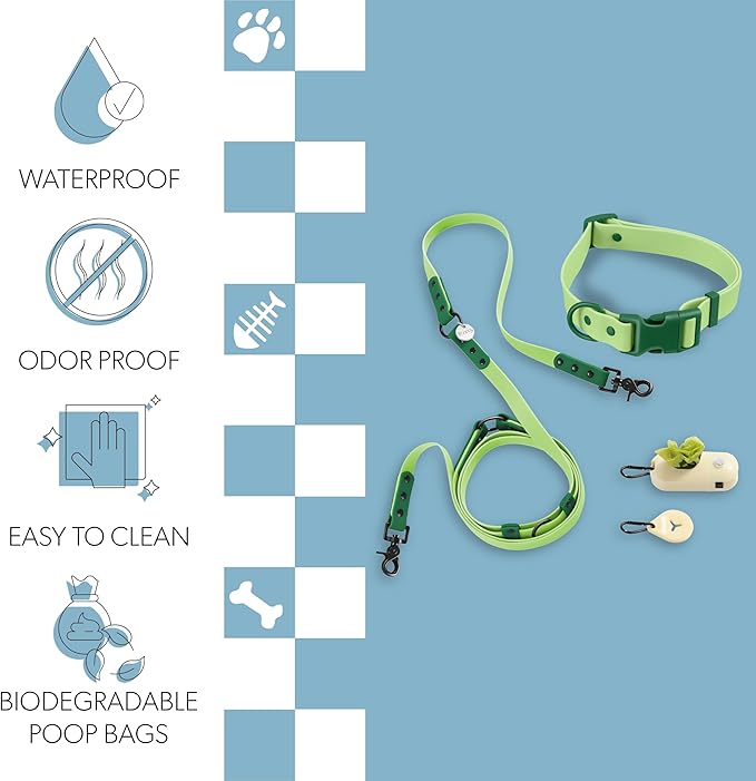 WLK1006B-5SET Luna Large 8FT Adjustable 6-in-1 Waterproof Hands-Free Leash and Collar with LED Flashlight, Bag Dispenser, and Poop Bag Holder, Mojito