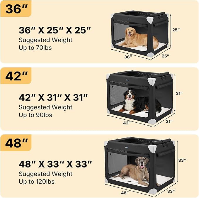 Veehoo Large Dog Crate for Indoor Outdoor, Portable Collapsible Travel Dogs Crate, 42 Inch Soft Foldable Pet Kennel with 4-Door Mesh Windows