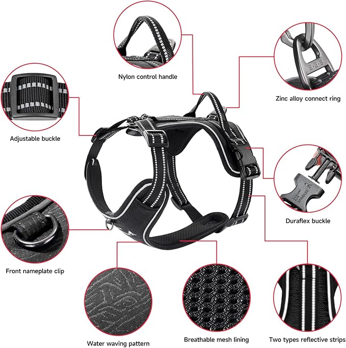 EXCELLENT ELITE SPANKER Nylon Reflective Dog Harness Adjustable No Pull Lightweight EVA Padded Vest Nameplate-Front Clip Service Dog Harness with Buckle for Medium Large Dogs (Black, S)