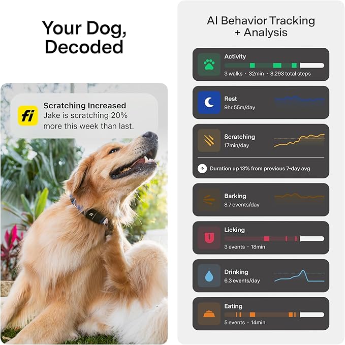 New Fi Series 3+ Smart Dog Tracker Collar [6 Month Membership Included] GPS Tracker for Dogs with Health & Behavior Monitoring, Escape Alerts, Waterproof, LED, Apple Watch Compatible (Gray, Medium)
