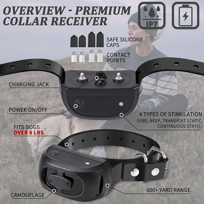 Shock Collar for Dogs,Dog Training Collar with Remote Control for Medium&Large,Waterproof Rechargeable 4 Training Modes (Beep/Vibration/Safe Shock) with Adjustable Levels(1-8)