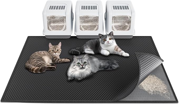 Cat Litter Box Mat: 47"x 36" Waterproof Kitty Cat Litter Trapping Mat, Easy-clean Double-layer Scatter Control Pad Rug (Black)