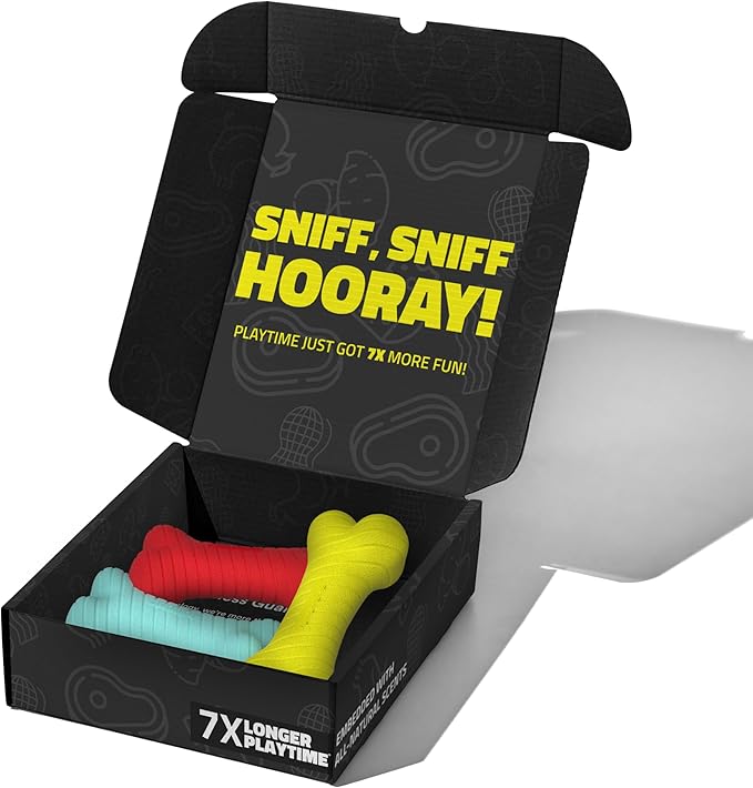 Playology Dog Toys | Rainbow of Scent Chew Toy Gift Box - Dual Layer Bones for Dogs | Peanut Butter, Chicken, & Beef Scented Toys - Easy to Clean and Made from Non Toxic Materials