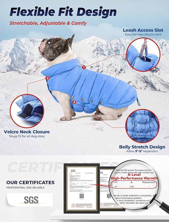 SPACE LION Dog Puffer Jacket, Down Winter Coat, Durable Outdoor Coat for Cold and Windy Conditions, Lightweight & Adjustable Fit Coats for Medium & Large Dogs, (Blue, Size20/XL)
