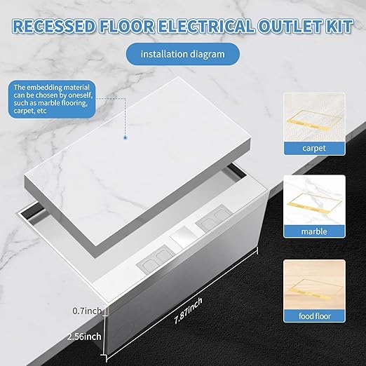 Vagueior Recessed Flat Hidden Floor Electrical Outlet Kit,with 4 * 15A Receptacle+1 * 5V 2.1A USB Charging Ports+2-Port RJ45 Datacom Receptacle，Waterproof Electrical Outlet Covcer Box,Silver