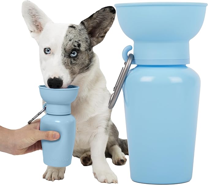 Springer by Springland Flip Portable Dog Water Bottle with Foldable Food Grade Silicone Bowl - 20 Ounce Travel Dog Water Bottle Ideal for Camping - Easy Squeeze Hydration & Release to Drain
