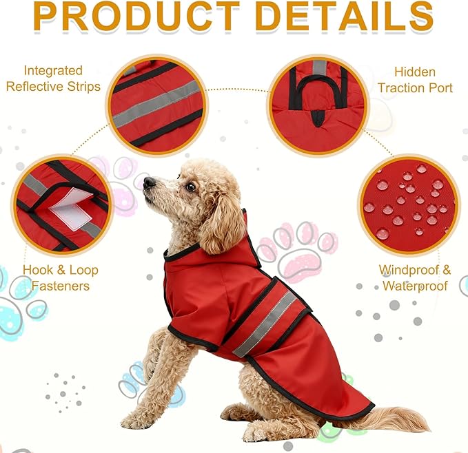Dog Raincoat, Dog Rain Jacket Waterproof Jacket Reflective Adjustable Hooded Pet Rain Coat with Leash Hole, (Red, XL), Intended for Large Medium Small Puppies