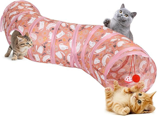 Pawaboo Cat Tunnel, S-Shaped Cat Tube Tunnel 25 * 97cm(9.8''*38.2'') with Balls and Bells, Collapsible Portable Kitten Play Tent Toy Interactive Cats House with Peep Holes for Kitty, Pink Kitties