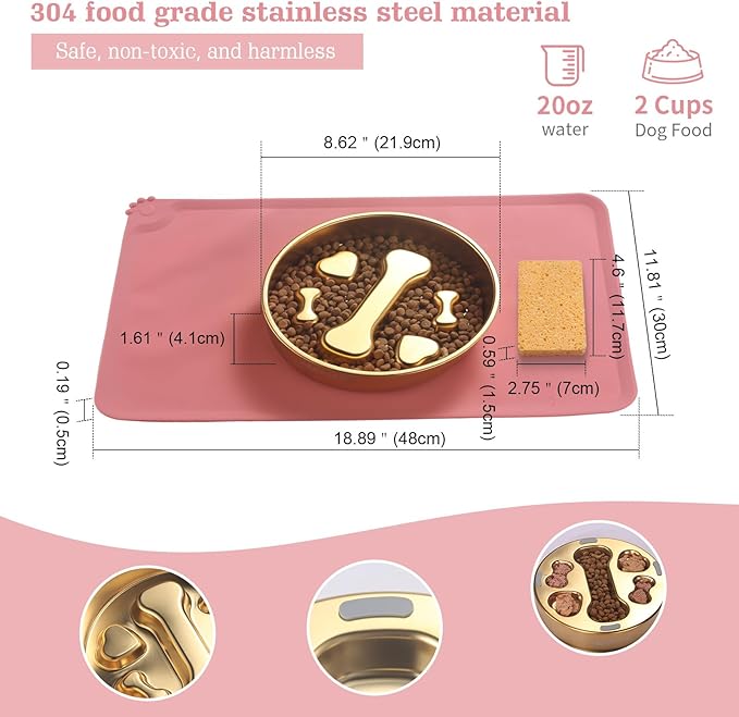 Golden Stainless Steel Slow Feeder Dog Bowls – Non-Slip Metal Dog Bowl for Large & Medium Breeds, Puppy Puzzle Feeder – 2 Cup for Small to Big Pets – Durable Slow Feed Dog & Cat Food Dish with Mat