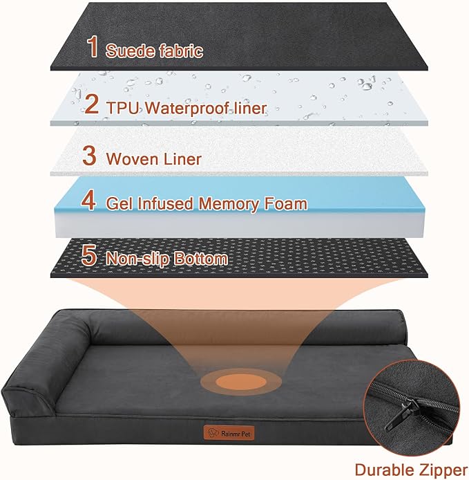 Orthopedic Dog Bed for Large Dogs, 44"x32"x6" Memory Foam Pet Bed with Washable Microsuede Cover, TPU Waterproof Liner & Nonskid Bottom, for Indoor, Outdoor, Crate ＆ Car Use, Dark Grey