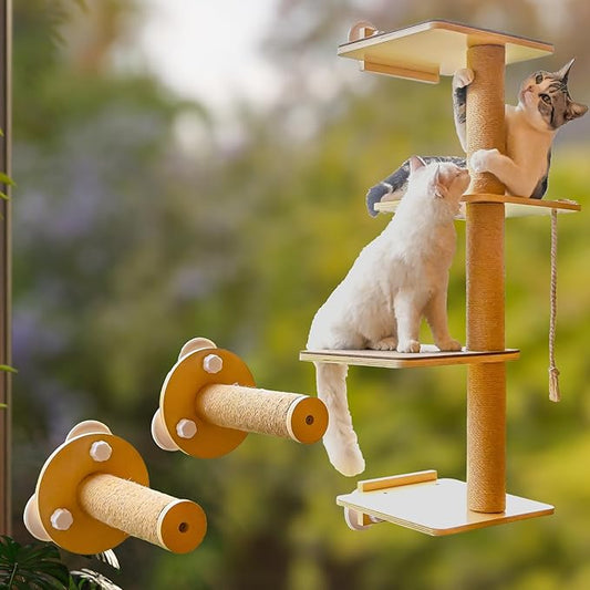 Cat Window Perch and Cat Wall Shelves 2 in 1 Cat Scratching Activity Tree Wall Mounted, Cat Scratch Post for Cats, Kittens with Cat Bed