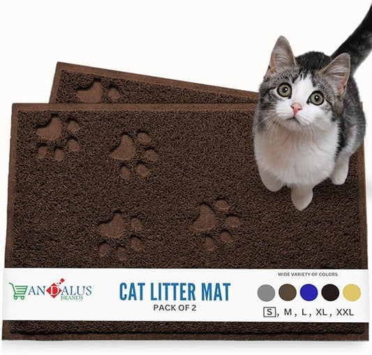 Andalus Small Cat Litter Mat, Pack of 2 - Waterproof, Non-Slip & Easy to Clean Cat Litter Box Mat for Extra Efficient Pet Litter-Trapping, Brown (15.75” X 11.75”)