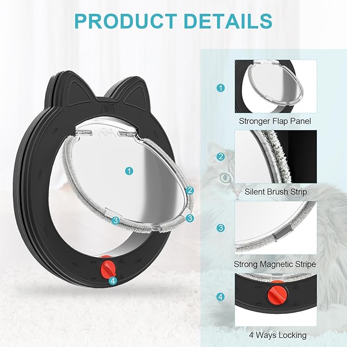 ClawJaw Pet Door, Cat Door for Interior Exterior Doors, 7.5" x 7.5" Inner Frame, 4-Way Locks, for Cats and Small Dogs, Easy to Install, Suitable for Interior and Exterior Doors, Black