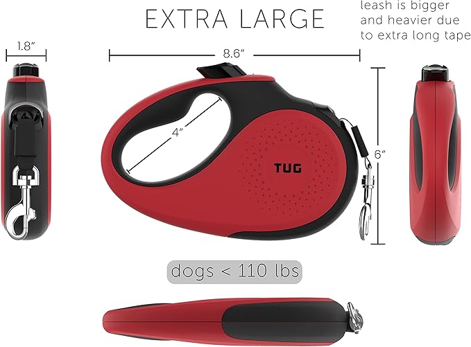 TUG XL 360° Tangle-Free Retractable Dog Leash with Anti-Slip Handle | 26 ft Strong Nylon Tape | One-Handed Brake, Pause, Lock (Extra Large, Red)