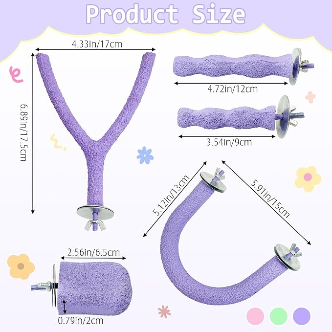 PINVNBY 5 Pack Bird Perch Resin Bird Beak Grinding Stone Parrot Cage Stand Platform Foot Claws Trimmer Chew Toy Cage Accessories for Budgie Cockatiel Conure Lovebird Finch (Purple)