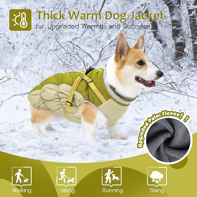 Dog Winter Coat with Harness, Dog Jacket, Pet Clothes with Zipper on Back, Waterproof Windproof Warm Vest, Reflective Cold Weather Coats, for Small Medium Large Dogs, Thick, Green, L