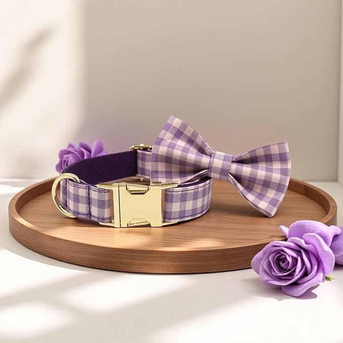 PETDURO Personalized Dog Collar Purple Gingham Plaid for Large Medium Dogs | Engraved Name and Phone Number on Gold Metal Buckle for Girls | Add Leash & Bow Tie via Customize Now