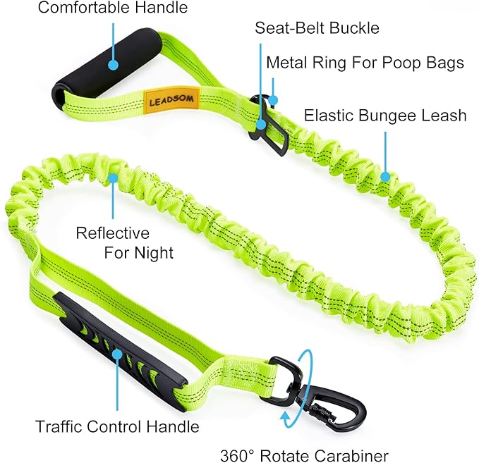 6FT Highly Reflective Heavy Duty Elastic Bungee Medium and Large Dog Leash Shock Absorbing with Comfortable Padded Handle and Traffic Handle Suitable for Training