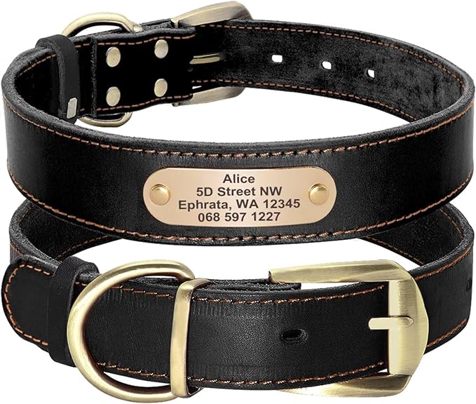 Didog Genuine Leather Dog Collars with Engraved Nameplate, Personalized Soft Leather Dog Collar with Custom ID Tag, Brown/Green/Red for Medium Large Dogs (XL,Black)