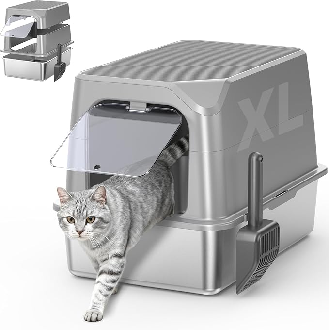 Enclosed Stainless Steel Cat Litter Box with Lid, XL Extra Large Litter Box for Big Cats, Metal Litter Pan High Sided, Never Absorbs Odors, Anti-Urine Leakage, Include Scoop (Light Grey)