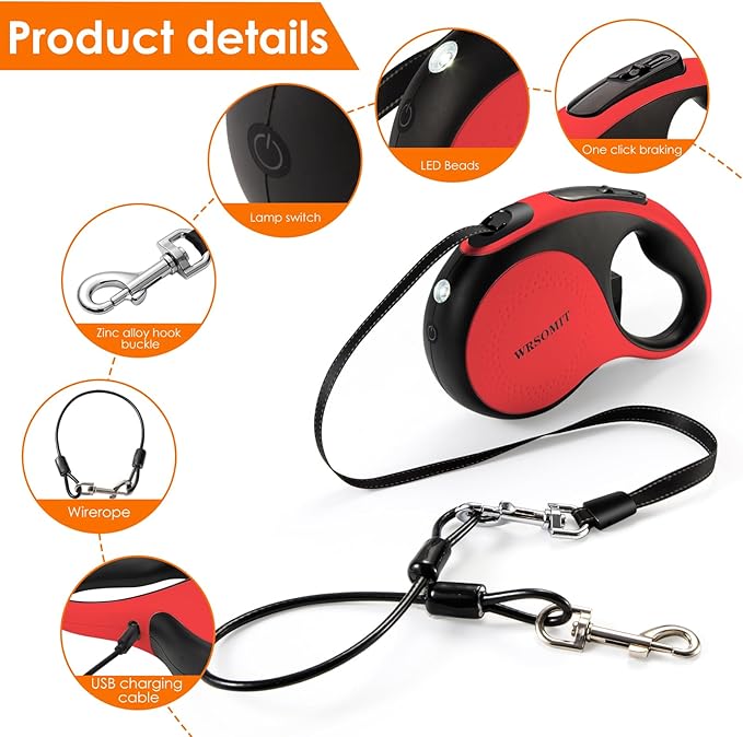 Retractable Dog Leash with Chew Proof Cable and LED Flashlight, 16Ft Heavy Duty Dog Leash for Medium Large Dogs up to 110lbs, 360° No Tangle (Red+16ft+LED)