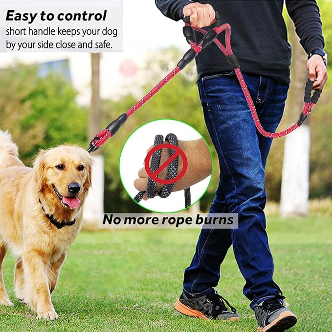 JSXD 5 FT Heavy Duty Double Handle Dog Leash with Comfortable Padded and Reflective Rope, for Small to Large Dogs (Rope-Red)