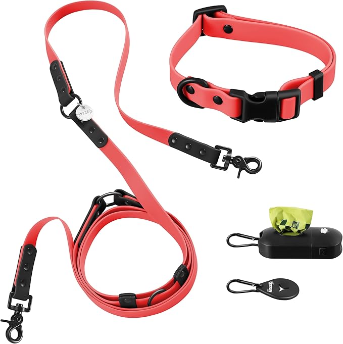 WLK1004M-5SET Luna Small 8FT Adjustable 6-in-1 Waterproof Hands-Free Leash and Collar with LED Flashlight, Bag Dispenser, and Poop Bag Holder, Shirley