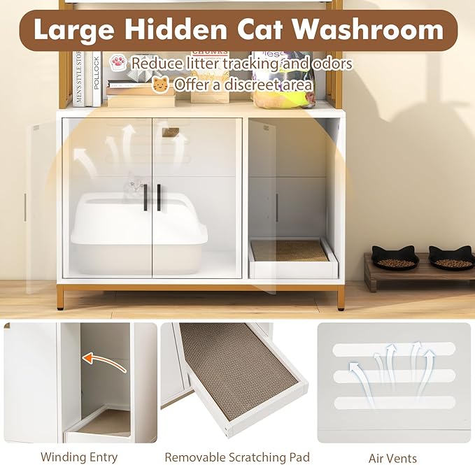 PETSITE Cat Litter Box Furniture with 3 Shelves and Doors, 61 inch Tall Cat Box Enclosure with Display Shelves, Scratching Pad, Indoor Hidden Litter Box with Decorative Storage Shelving (White)