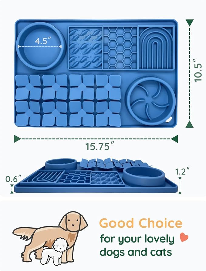 Slow Feeder Bowl, Silicone Lick Mat with Suction Cups for Dog Cat, Snuffle Mat for Pet Smell Training, Puzzle Toys for Bored Puppy, Interactive Sniff Mat for Slow Eating and Keep Busy, Blue