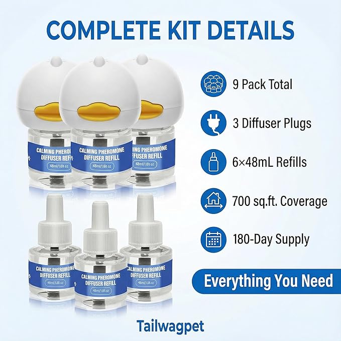 Dog Calming Pheromones Diffuser Kit - 180 Day Supply (9 Pack: 3 Plug-ins + 6×48mL Refills) - Anxiety, Barking, Aggression & Stress Relief for Dogs