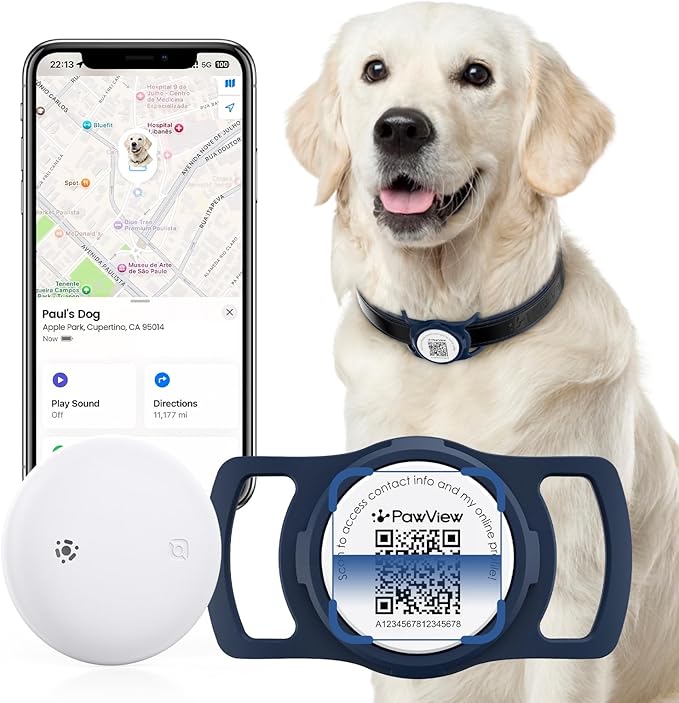Smart Pet Tracker for Collar - Dog Trackers Location for Pet with Holder, No Monthly Fee, Real-Time Tracking, iOS Only, Emergency Contact, Long-Lasting, Anti-Lost Tracker for Cats, Bag Straps,Blue