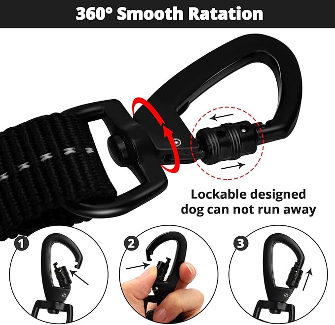 Rope Dog Leash 4 FT: Heavy Duty Leashes with Swivel Lockable Hook Reflective Threads Bungee and Padded Handle - Dog Lead for Large Small Medium Dogs Outside Walking Hiking Black