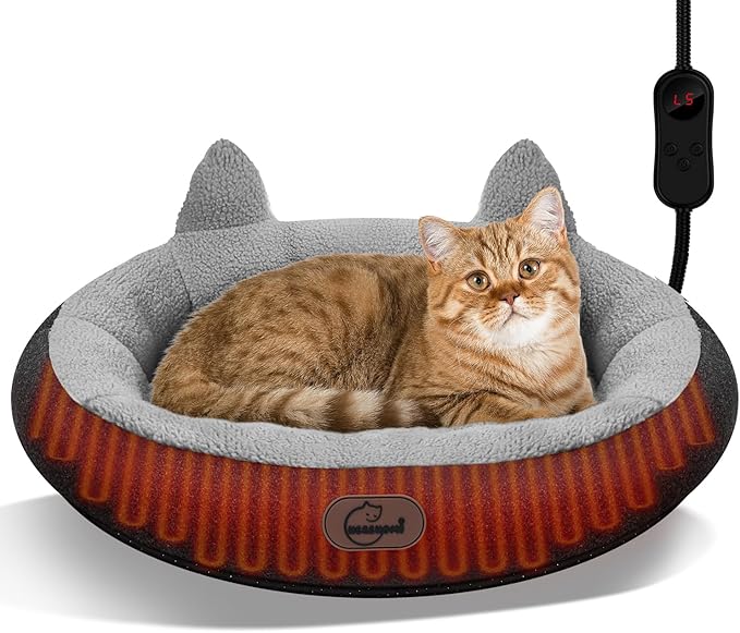Heated Cat Bed for Small Size Cats, Heated Pet Bed with Timer & Temp Adjustable, Removable Waterproof Pet Heating Pad for Indoor, Gray Cozy Donut Electric Bed Heater Warmer for Kitten Cat