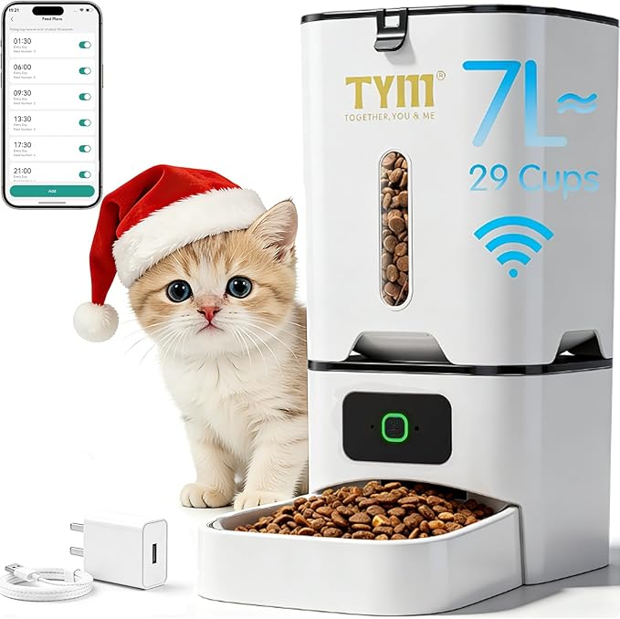 TYM Automatic Cat Feeder, 7L WiFi Cat Food Dispenser, Timed Cats Feeder with APP Control, Auto Pet Food Dispenser for Small Pets, Fresh Food, Dual Power Supply, Detachable for Easy Cleaning