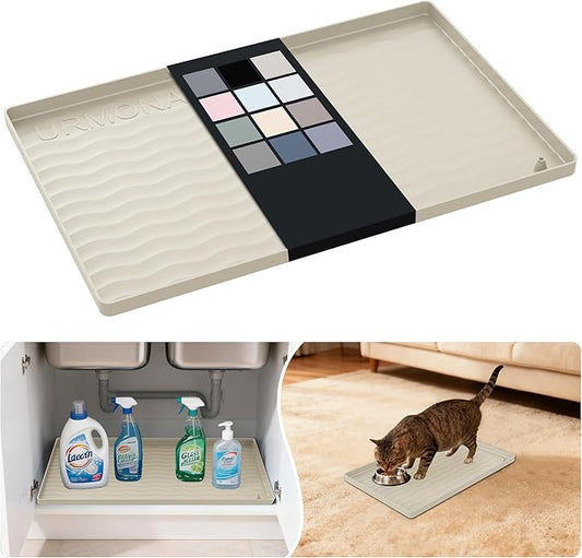 URMONA Waterproof Silicone Under Sink Mat 16'' x 10'' Shelf Liner for Kitchen and Bathroom, Cabinet and Counter Protector, Storage and Organizers, Litter Mat, Pet Cat Puppy Essentials(Cream)