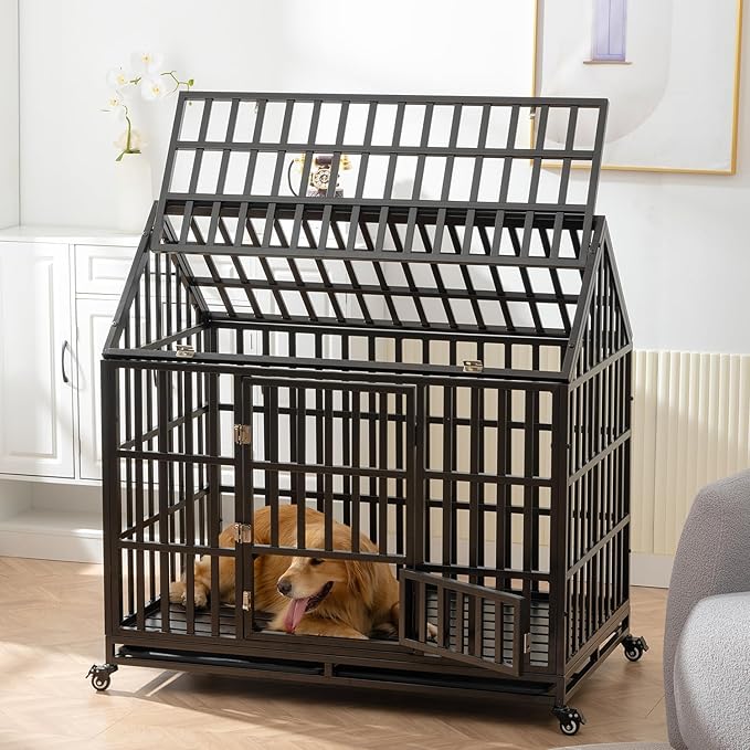 52/48/44 Inch Heavy Duty Dog Crate Indestructible and Escape-Proof Dog Cage Kennel for Large Medium Dogs Extra Large XL XXL with Lockable Wheels Removable Tray Double Door Black
