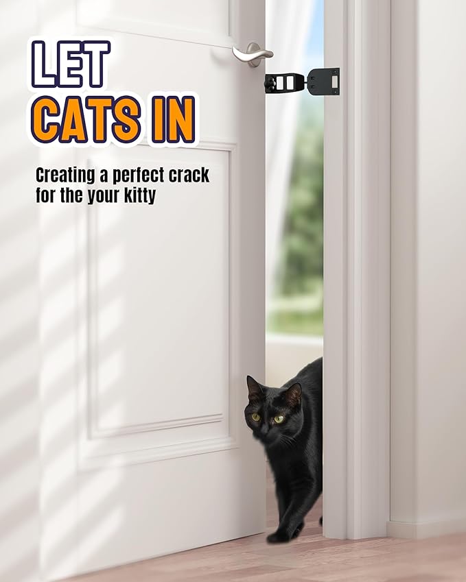 Metal Cat Door Latch, Door Prop for Cats, Easy Install, Durable & Foldable, 【5 Adjustable Sizes】 Keep Interior Door Cracked Open for cat - Dog Proof Cats Feeding Station, No Wall Damage