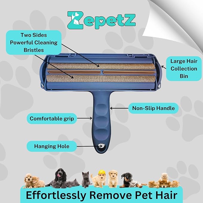 Pet Hair Remover Roller – Reusable Self-Cleaning Fur Removal Tool for Dogs & Cats – Ergonomic & Eco-Friendly Lint Roller for Couch, Carpet, Bed, Car Seat & More (Blue)