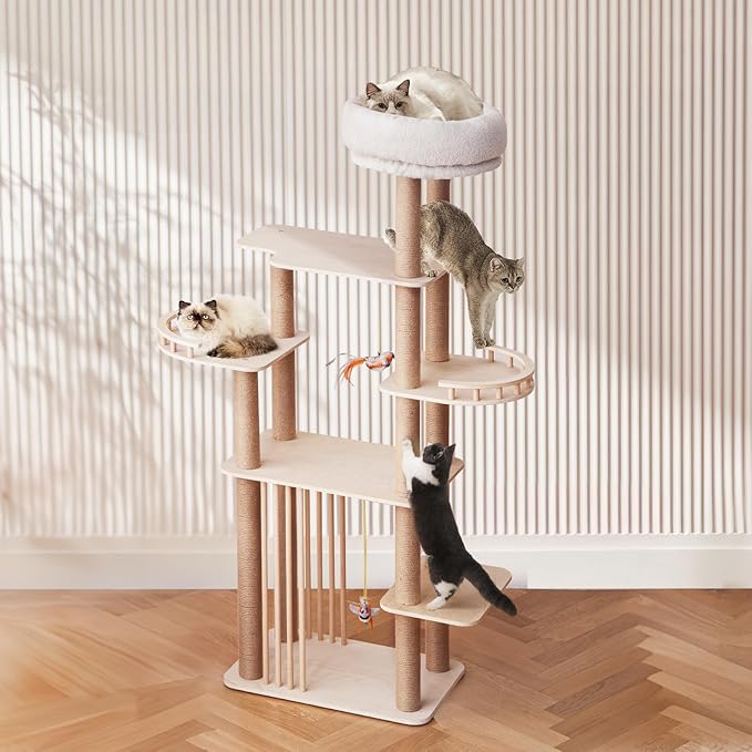 Choc chick Wood Cat Tree for Indoor Cats Large Adult, 68 Inches Tall Multi Level Cat Tower with Scratching Post Sisal-Covered, Modern Cat Tree Plush Cattery Chirping Bird Cat Toy