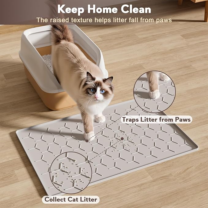 Cat Litter Box Mat, Silicone Kitty Litter Mat, 24" X 16" Waterproof Silicone Pad for Floor, Light Gray