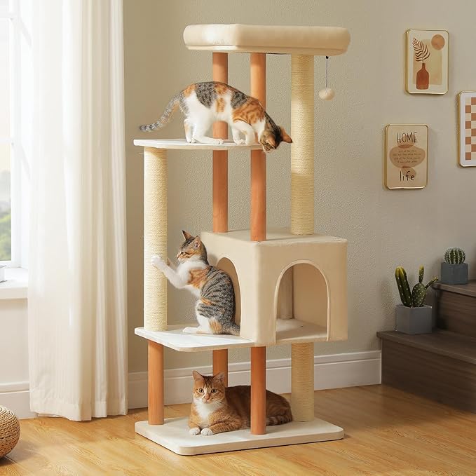 PAWZ Road Large Cat Tree, 53 Inches Modern Wooden Cat Tower for Indoor Large Cats, Multi-Level Cat Condos with Long Scratching Posts and Natural Wood Posts-Beige