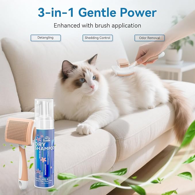 Waterless Cat Shampoo with Brush - No Rinse Safe Licking Foam, Reduce Shedding & Dander, Hypoallergenic for Kittens/Senior Cats, Quick Dry Grooming & Odor Control, Dry Shampoo pH Balanced (7 oz)