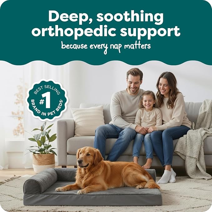 FurHaven Orthopedic Dog Bed for X-Large Dogs, L-Shaped Chaise Mattress with Egg Crate Orthopedic Memory Foam for Joint Support, Removable Washable Cover, Jumbo/XL, Plush & Velvet, Platinum Gray