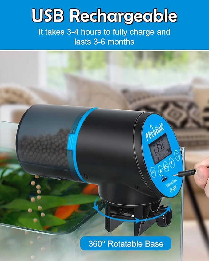 Automatic Fish Feeder for Aquarium - Rechargeable Fish Food Auto Dispenser Vacation Turtle Feeder with USB Charger Cable，LCD Screen, Customized Schedule (Blue)