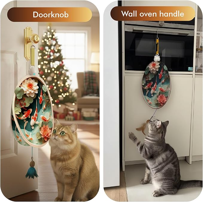 Interactive Cat Toys for Indoor Cats, Automatic Concealed Hide and Seek Hanging Feather Cat Toy, Rechargeable Motion-Activated Enrichment Toys for Bored Adult Cats (Fish Pond Pattern