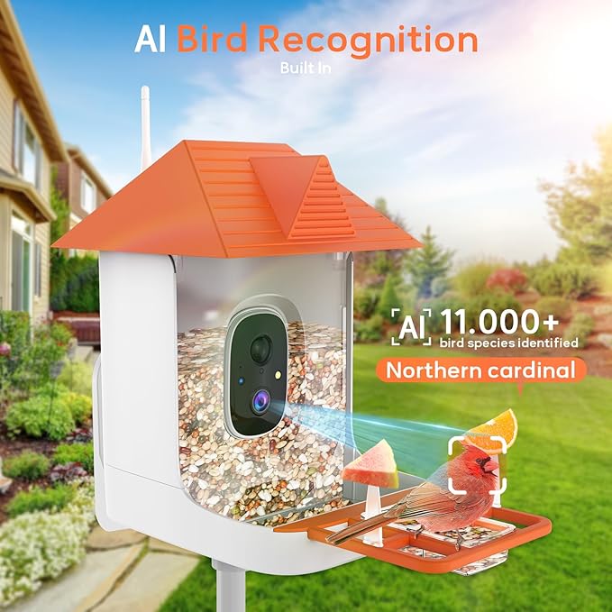 Smart Bird Feeder with Camera,Solar Powered Outdoor WiFi Birds House Camera with Built in AI Identification,Auto Cloud Recording,FHD Video, for Bird Watching,Parents,Orange