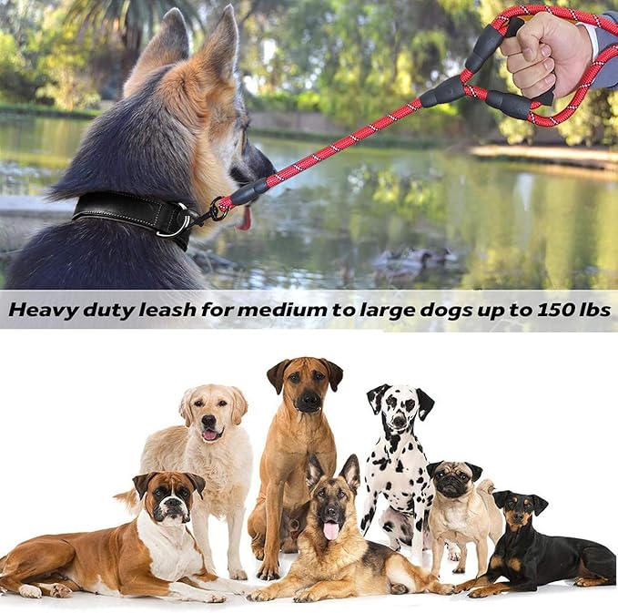 JSXD 5 FT Heavy Duty Double Handle Dog Leash with Comfortable Padded and Reflective Rope, for Small to Large Dogs (Rope-Red)