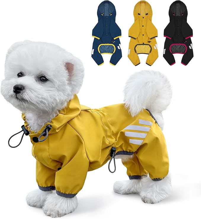 Dog Raincoat, Waterproof Dog Rain Jacket with Hood, Rain Coat with Leash Hole, Reflective Strap for Small Medium Dogs, Lightweight Puppy Clothes(Yellow,M)