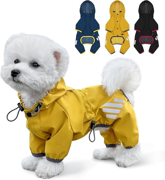 Dog Raincoat, Waterproof Dog Rain Jacket with Hood, Rain Coat with Leash Hole, Reflective Strap for Small Medium Dogs, Lightweight Puppy Clothes(Yellow,L)