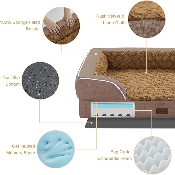Orthopedic Dog Beds for Large Sized Dogs, Waterproof Memory Foam Large Pet Bed with Sides 36x27Inch, Non-Slip and Egg-Crate Foam Big Dog Couch Bed with Removable Washable Cover, Brown